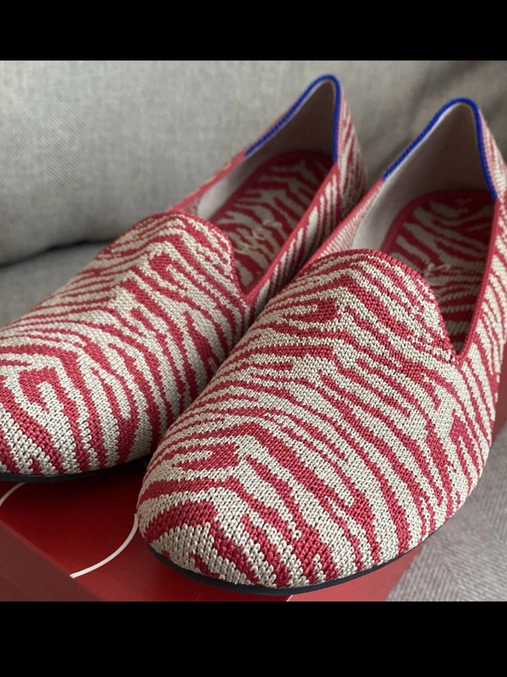 Rothy's (Rare/Retired) Red and Ivory Knit Slip-On Flats with Blue Stitching